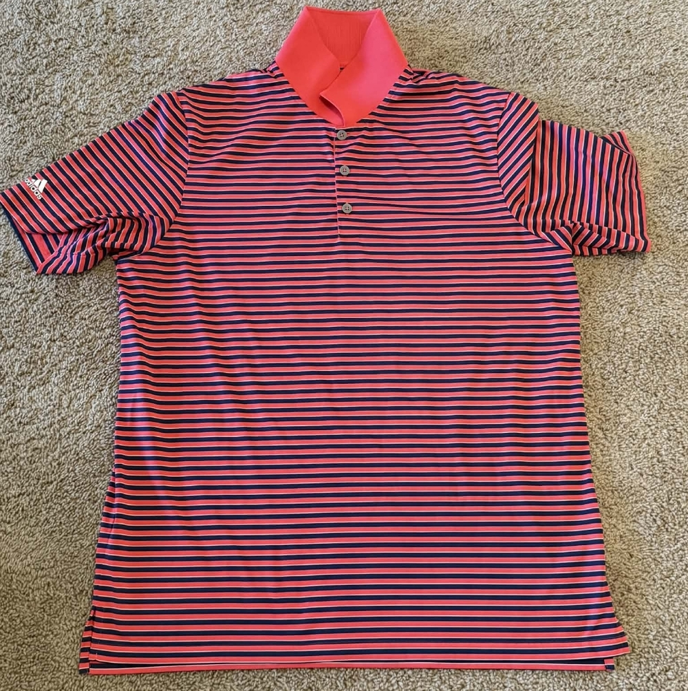 Adidas Pink and Blue Striped Polo Shirt